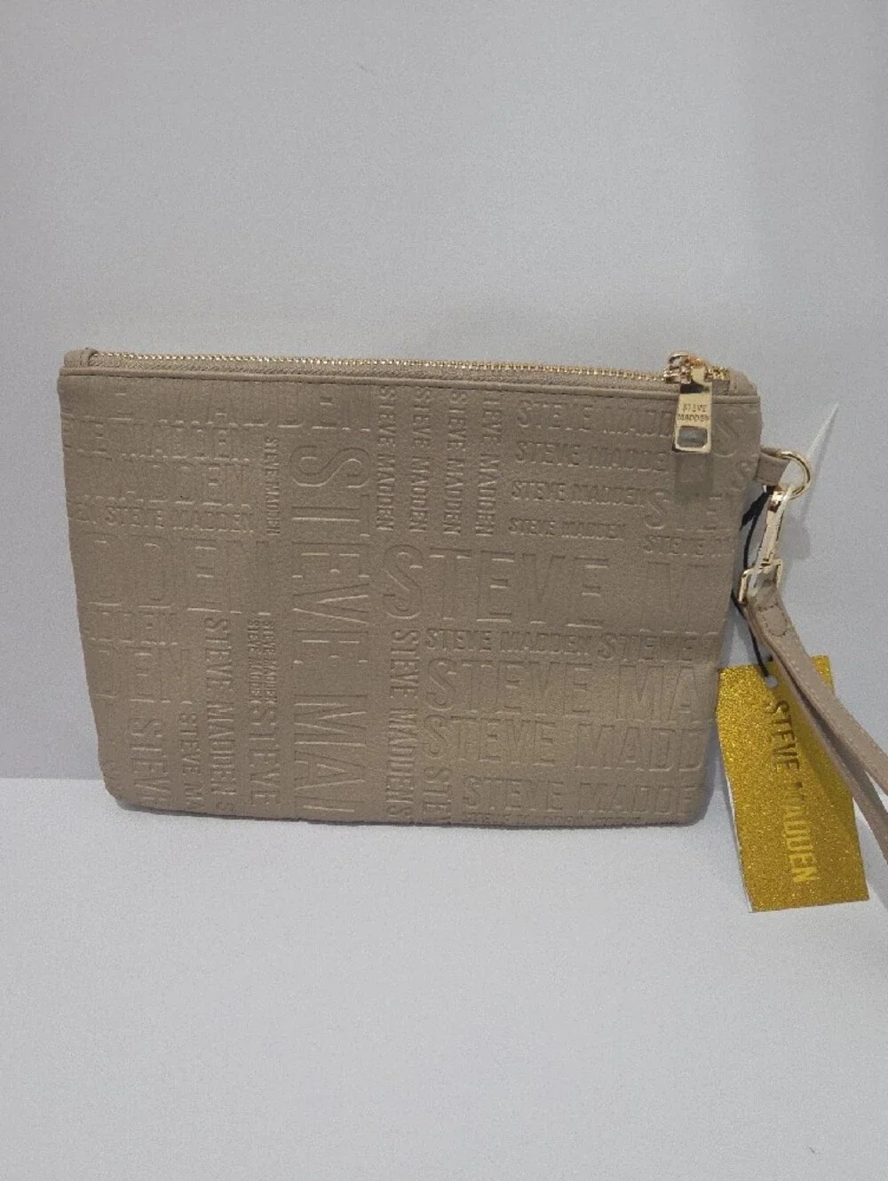 Steve Madden Taupe Embossed Logo Wristlet Clutch